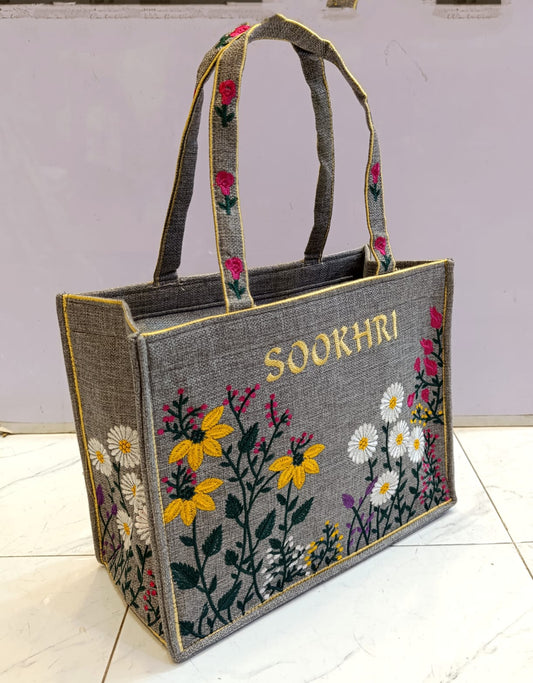 Sookhri Floral Embroidery Jute Tote Bag